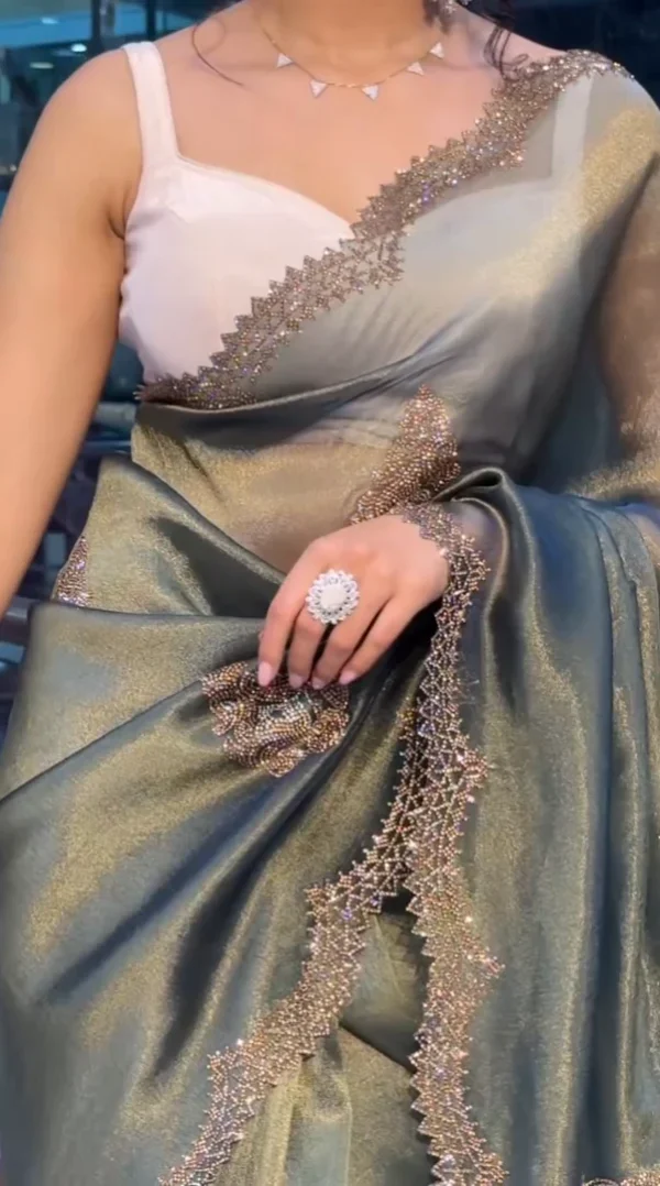 Royal Olive Green Satin Saree with Zarkhan Work - Image 4
