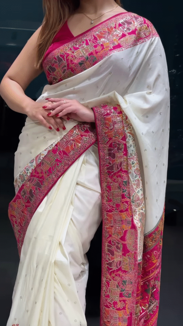 Graceful Elegance Traditional White Saree With Stunning Pink Pallu - Image 3