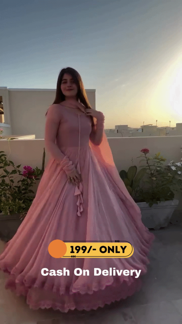 Solid Peach Long Flair Double Layered Anarkali With Dupatta