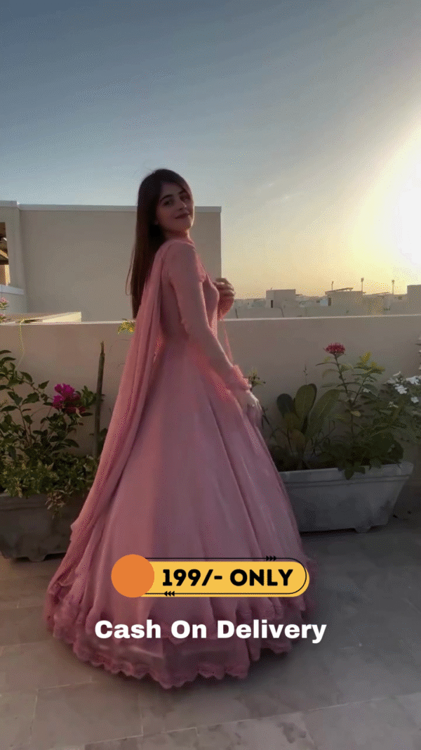 Solid Peach Long Flair Double Layered Anarkali With Dupatta - Image 3