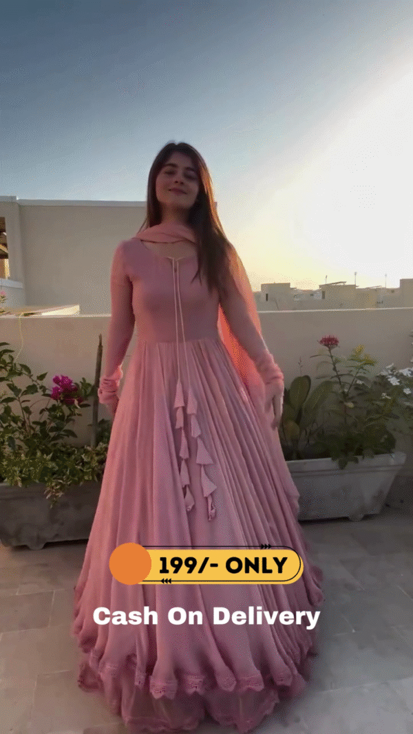Solid Peach Long Flair Double Layered Anarkali With Dupatta - Image 2