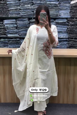 stylish women's long round kurti with delicate embroidery work and palazzo set