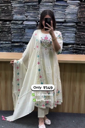 stylish women's long round kurti with delicate embroidery work and palazzo set
