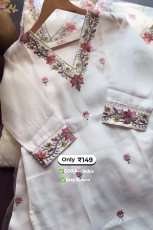 stylish women's long round kurti with delicate embroidery work and palazzo set