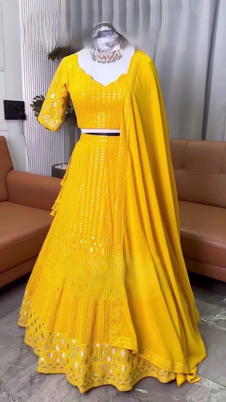 yellow color designer embroidery & mirror work lehenga choli for haldi function yellow color designer embroidery & mirror work lehenga choli for haldi function