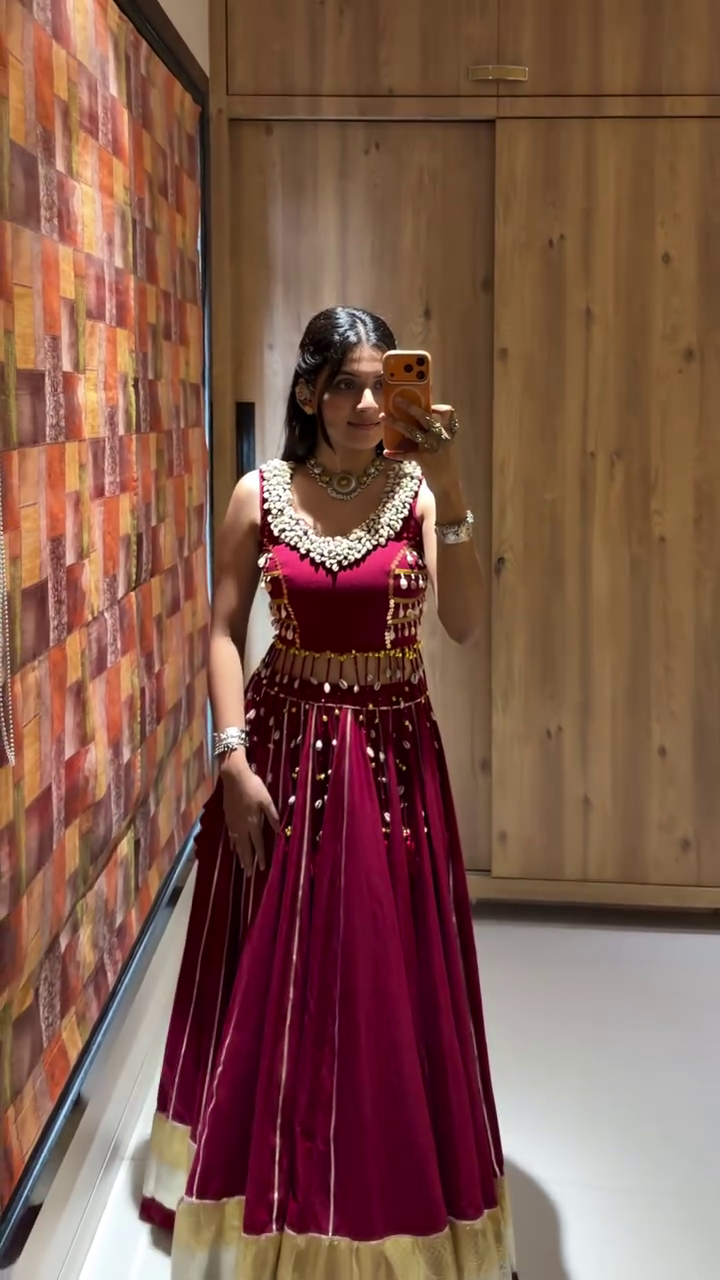 Maroon Red Rayon Double Ghera Navratri Lehenga Choli with Vertical Gota Patti Lace Work & Heavy Embroidered Choli - Image 7