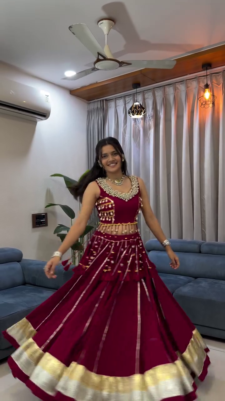 Maroon Red Rayon Double Ghera Navratri Lehenga Choli with Vertical Gota Patti Lace Work & Heavy Embroidered Choli - Image 6