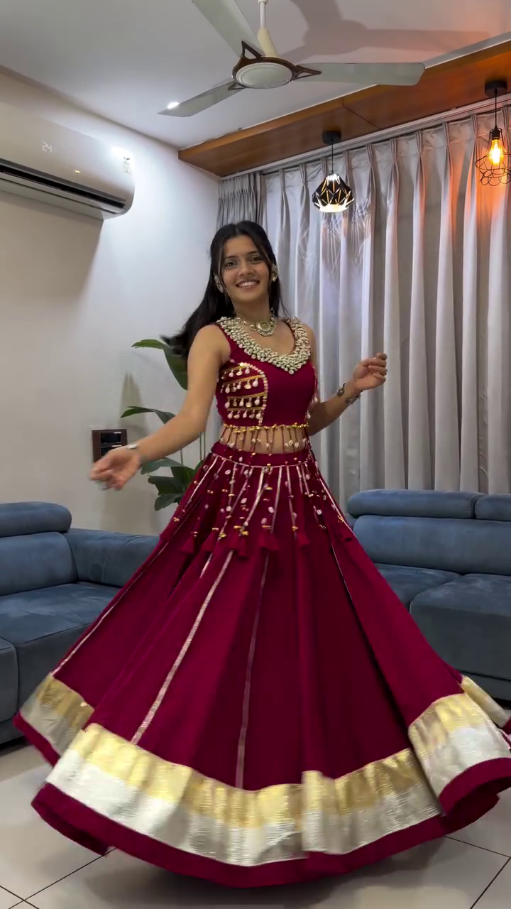 Maroon Red Rayon Double Ghera Navratri Lehenga Choli with Vertical Gota Patti Lace Work & Heavy Embroidered Choli - Image 4