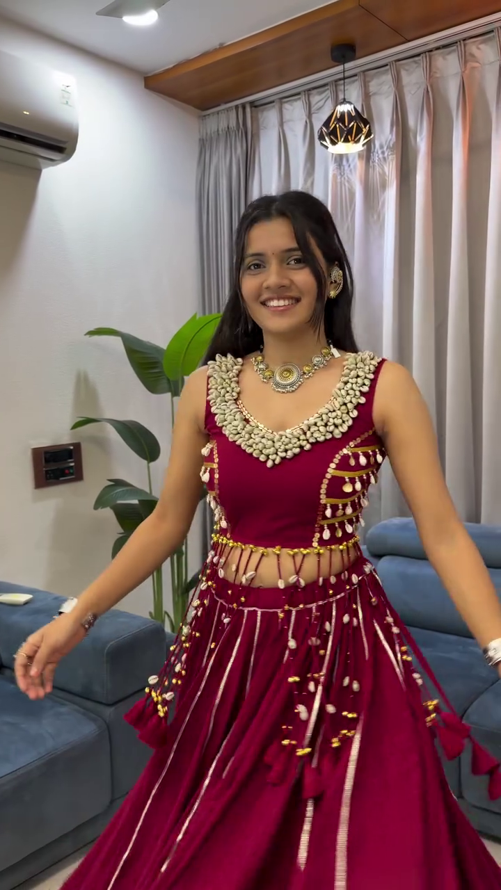 Maroon Red Rayon Double Ghera Navratri Lehenga Choli with Vertical Gota Patti Lace Work & Heavy Embroidered Choli - Image 3